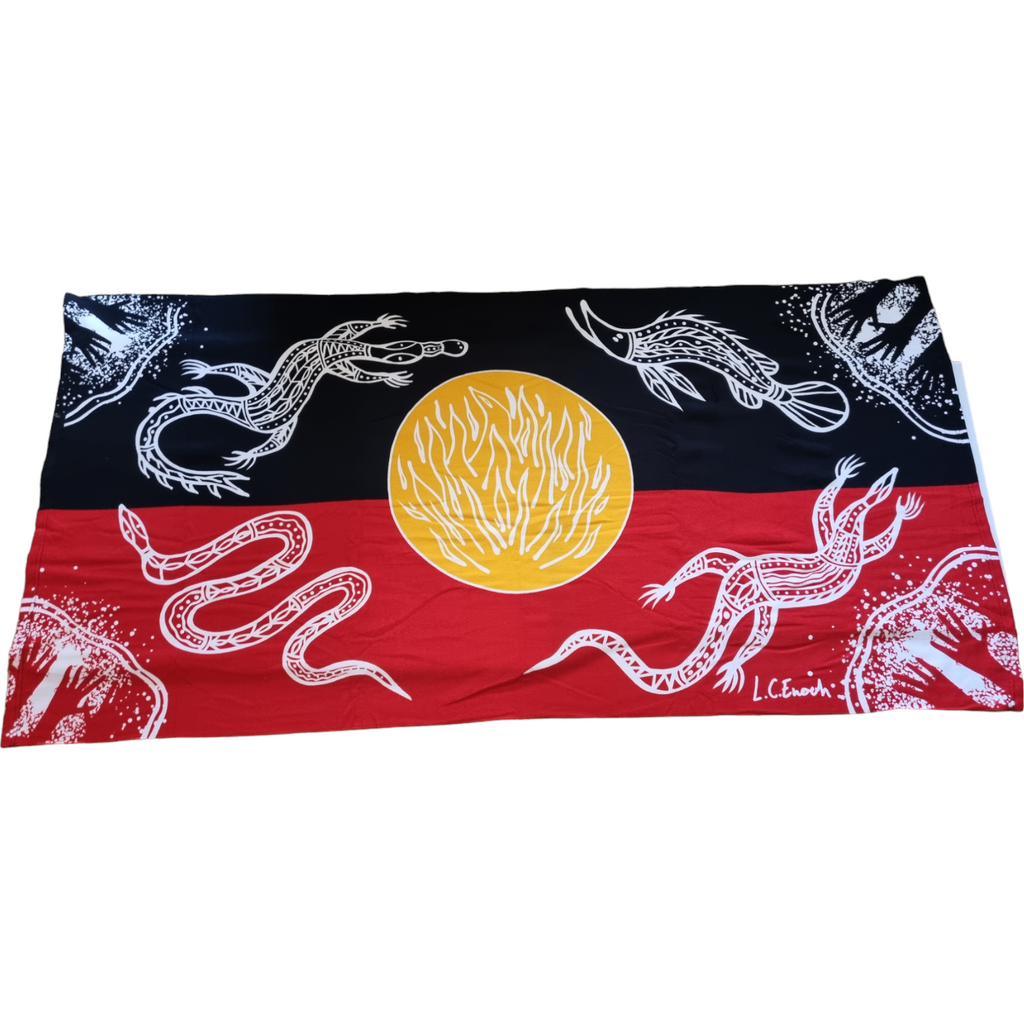 Aboriginal indigenous BEACH TOWEL Microfiber BULURRA SUNSET DREAMING FLAG