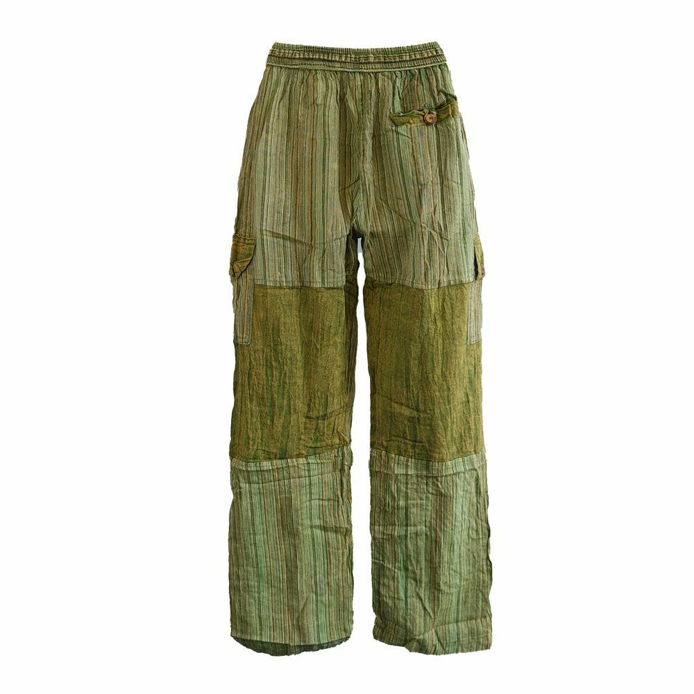 Pants Stripped Tibetan cotton hippy Mens Nepal yoga Comfy Unisex Summer patch green
