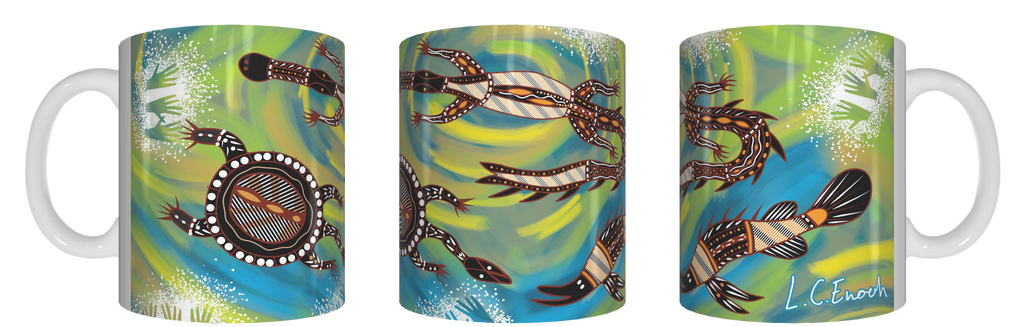 Aboriginal Coffee Mug in Gift Box Indigenous Artist Bulurru Cup FRESHWATER TOTEM