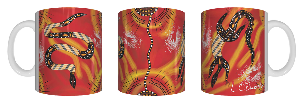 Aboriginal Coffee Mug in Gift Box Indigenous Artist Bulurru Cup MEETING PLACE FIRE