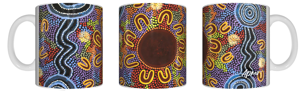 Aboriginal Coffee Mug in Gift Box Indigenous Artist Bulurru Cup WOMEN AT WATERHOLES