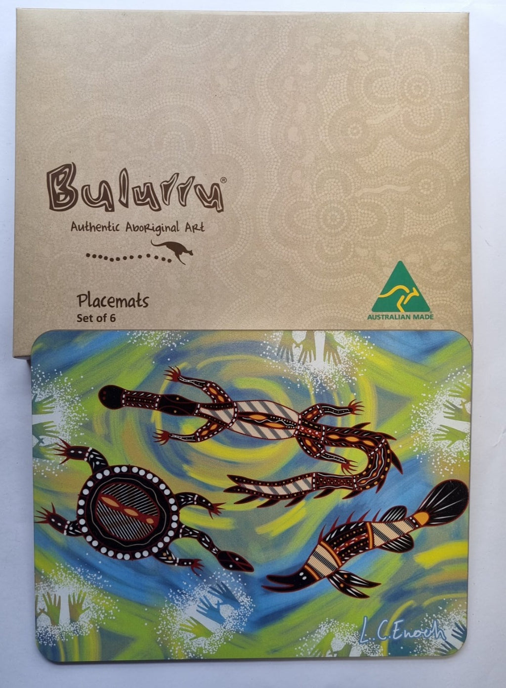 Australian indigenous Artist Bulurru placemats 6 set FRESHWATER TOTEM LOUIS ENOCH