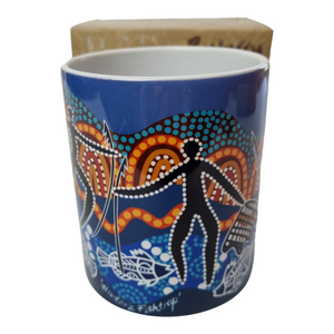 Aboriginal Coffee Mug in Gift Box Indigenous Artist Bulurru Cup Hunter Fish Trap