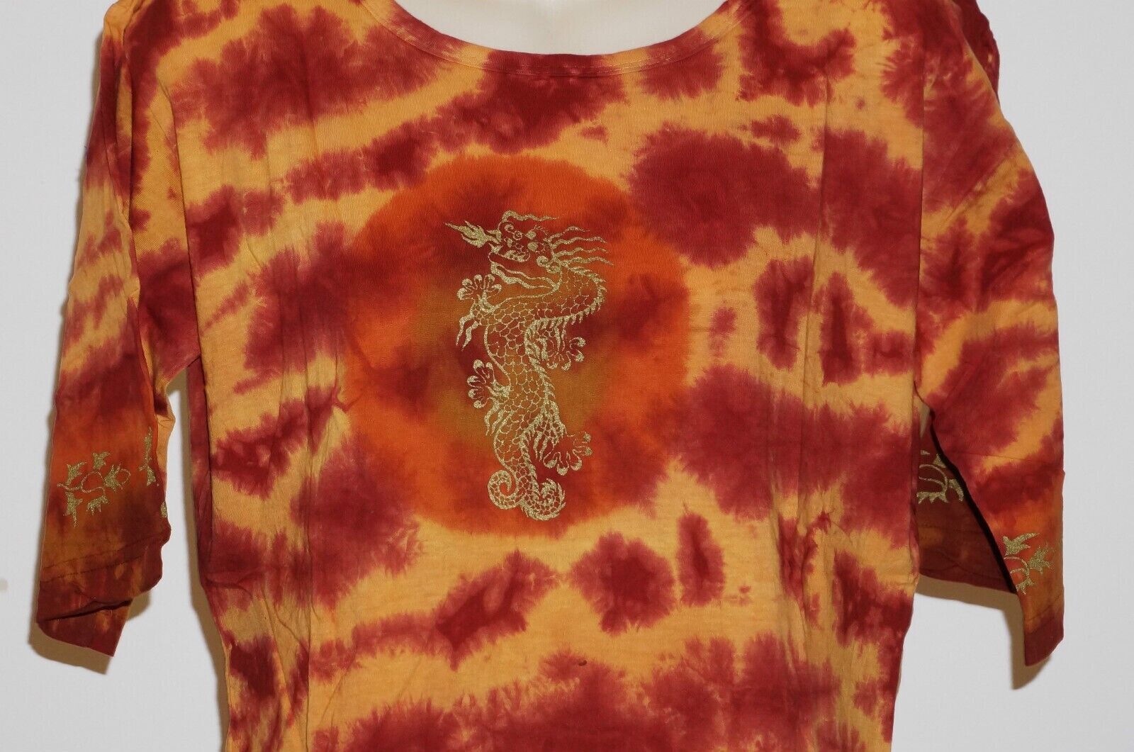 T-Shirt Dragon Tie dye top hippie yoga Nepal cotton Unisex Womens Orange