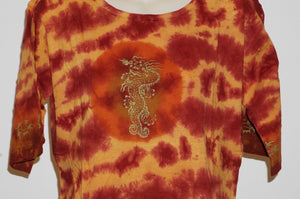 T-Shirt Dragon Tie dye top hippie yoga Nepal cotton Unisex Womens Orange
