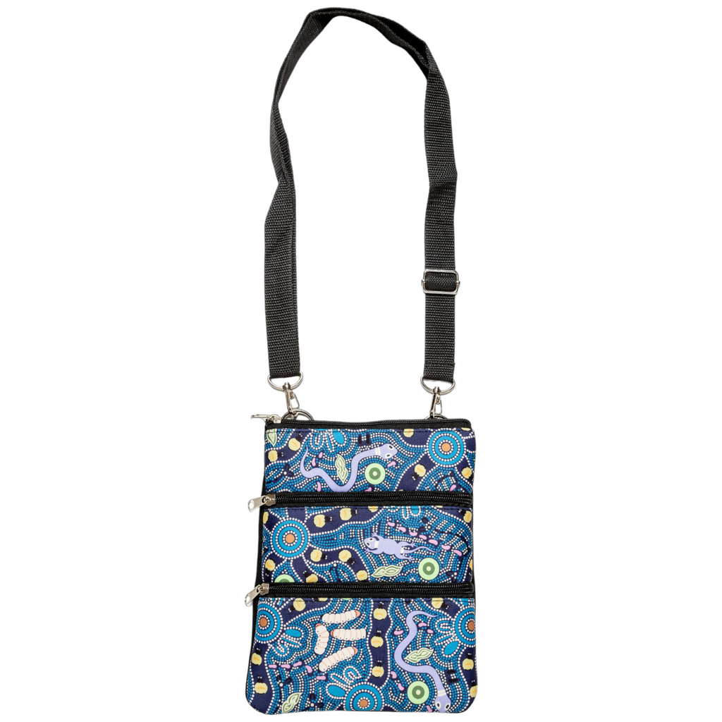 Aboriginal indigenous Art Bulurru Aboriginal 3 Zip Bag Handbag BUSH TUCKER BLUE