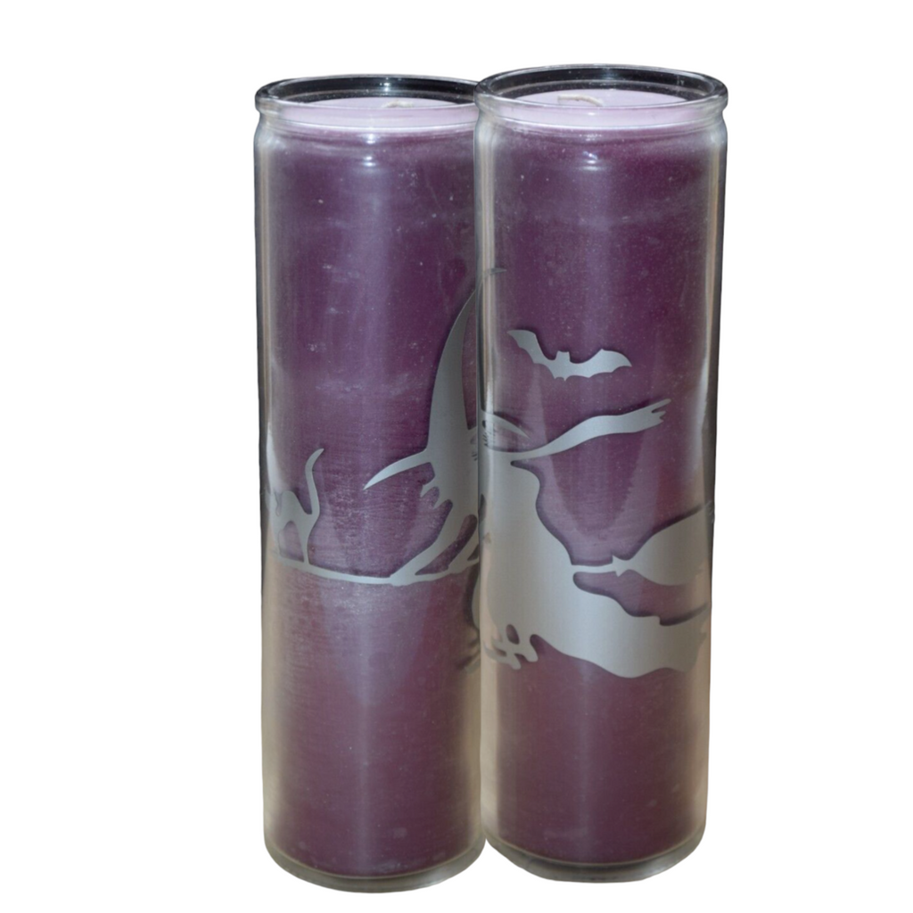 7 DAY Candle PLUM WITCH BAT CAT ON BROOM Prayer Alter Ritual spell Glass 100 hrs