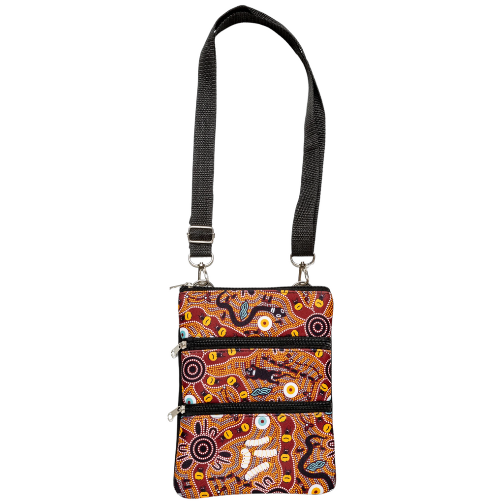Aboriginal indigenous Art Bulurru Aboriginal 3 Zip Bag Handbag BUSH TUCKER TAN